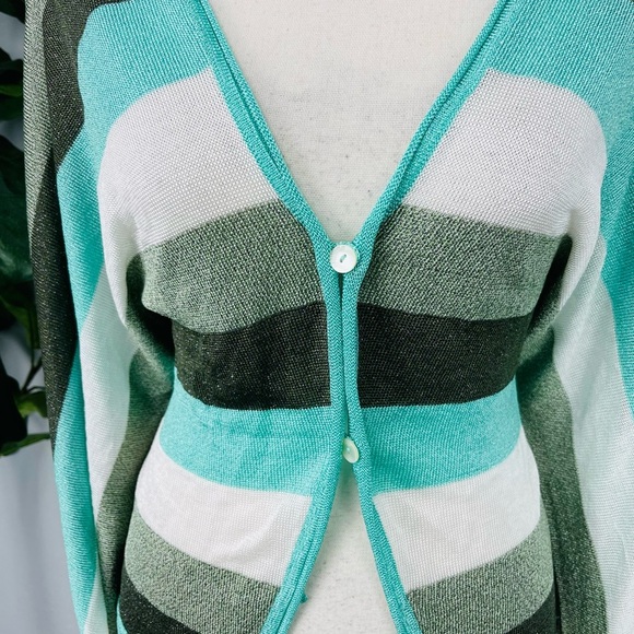 Y2K Galliano Metallic Sparkle Striped Blue Green Open Cárdigan - Picture 2 of 14